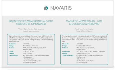 Navaris Kombitafel aus Kreidetafel und Kork Pinnwand - Memoboard 70 x 50 cm mit magnetischer Tafelfo