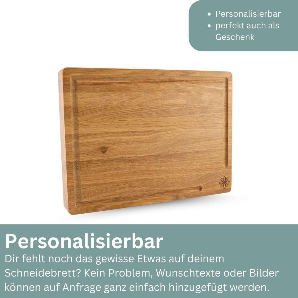 Waldmeister Schneidebrett aus massiver Eiche (33x24cm) - Eichenbrett mit Saftrille - Holzbrett mit p