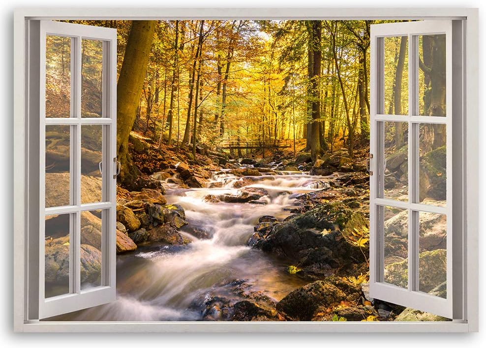 Feeby Viles - Leinwand Bilder - Fensterblick Natur- 120x80 cm- Deko Wohnzimmer - Wandbilder Schlafzi