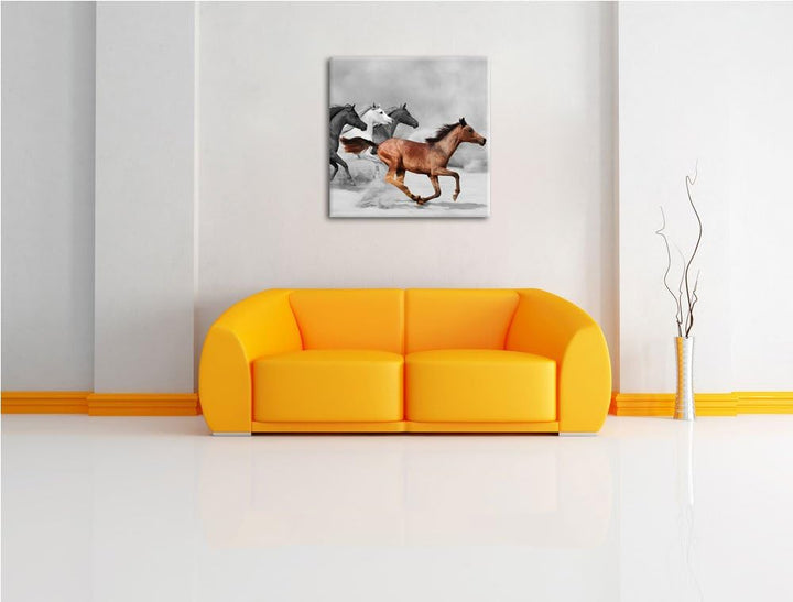 Pixxprint Mustangs in der Wüste als Leinwandbild Quadratisch/Grösse: 70x70 / Wandbild/Kunstdruck/fer
