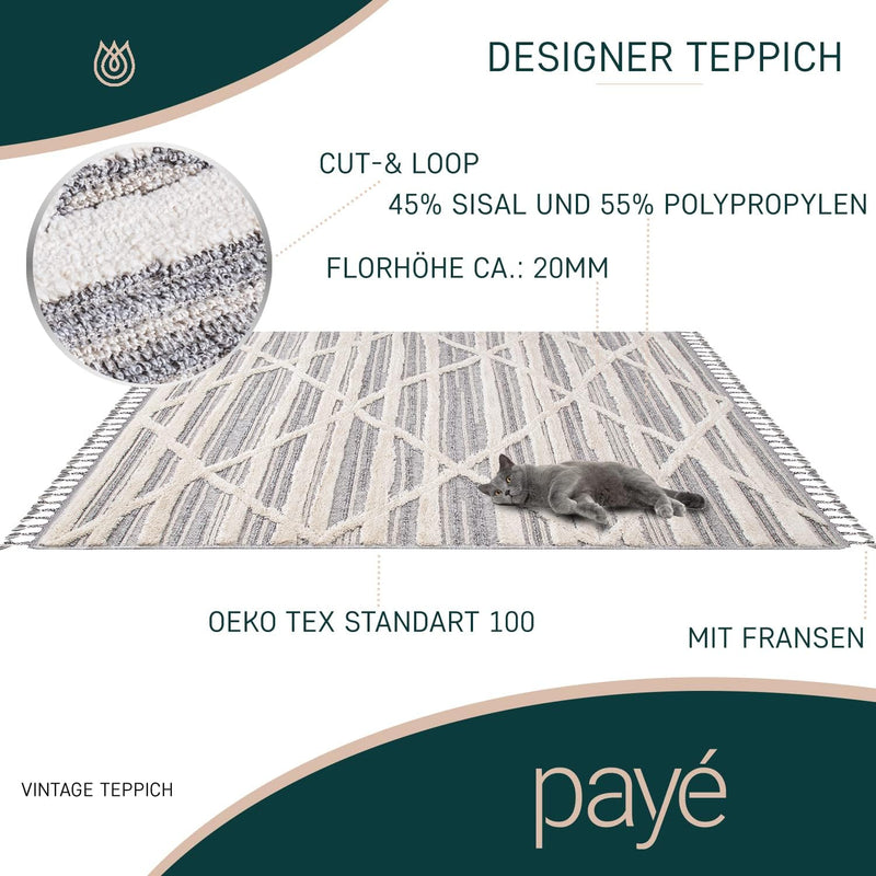 payé Teppich Wohnzimmer - 140x200cm - Creme Grau Blau - Raute Meliert - Hochtief Effekt - Fransen De