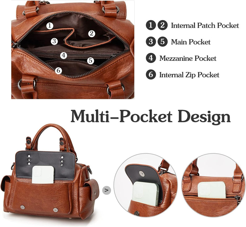 PORRASSO Retro Handtasche Damen Umhängetaschen Frauen Schultertaschen mit Anhänger Wasserdicht PU-Le