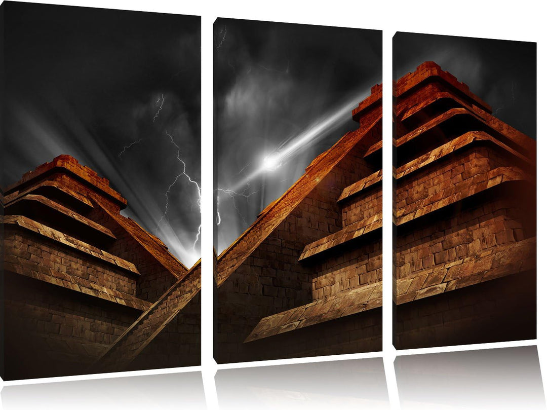 Pixxprint Majatempel bei Gewitter Schwarz/Weiss 3-Teiler Leinwandbild 120x80 Bild auf Leinwand