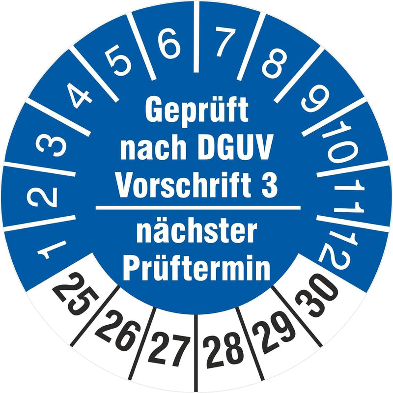 2500 Prüfplaketten 30 mm geprüft nach DGUV Vorschrift 3 nächster Prüftermin 2025-2030 Prüfetiketten