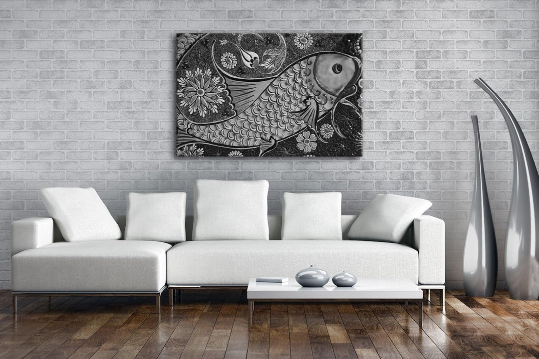 deyoli edles Fisch Mosaik Format: 80x60 Effekt: Schwarz/Weiss als Leinwand, Motiv fertig gerahmt auf
