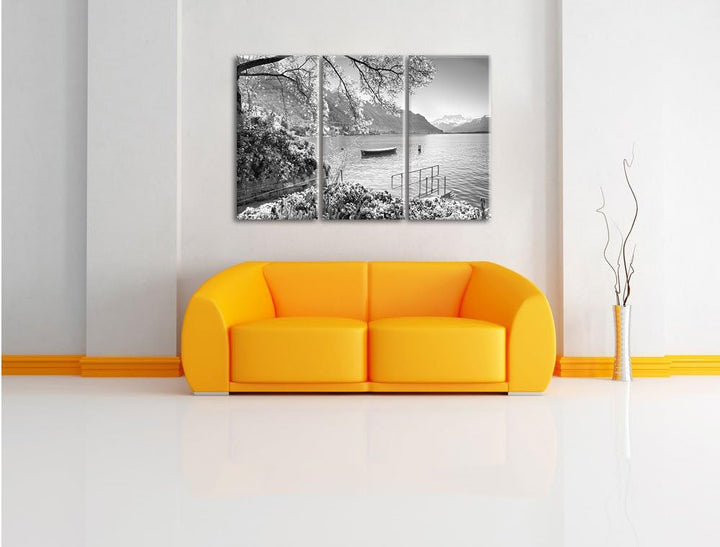 Pixxprint Genfer See im Sonnenschein / 3-Teilig/Gesamtmass 120cm Leinwandbild bespannt auf Holzrahme