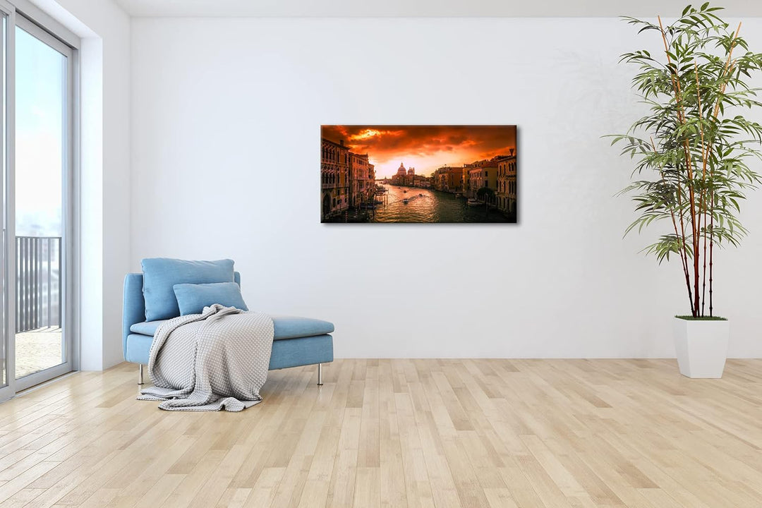 Flusslauf in Venedig Panorama 60x30 cm als Leinwandbild, Motiv fertig gerahmt auf Echtholzrahmen, Ho