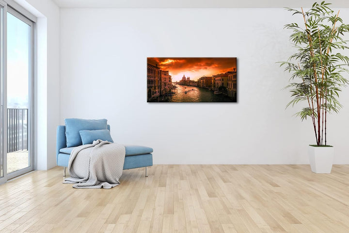 Flusslauf in Venedig Panorama 60x30 cm als Leinwandbild, Motiv fertig gerahmt auf Echtholzrahmen, Ho