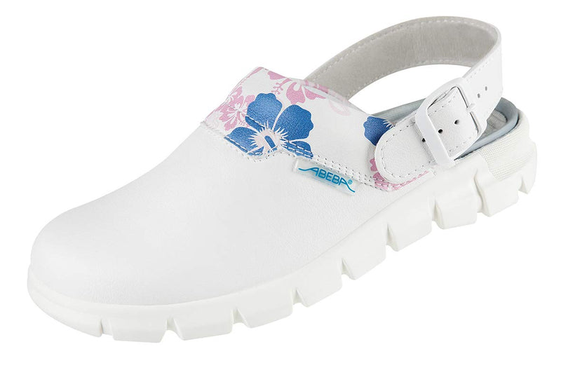 Abeba Clog 7320 - Dynamic Glattleder, weiss mit Aufdruck Blumenmuster, zertifiziert, 41 41 EU, 41 EU