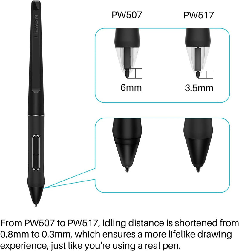 HUION Batteriefreier Digitale Stift PenTech3.0 PW517, 8192 Stufen der Druckempfindlichkeit, 60° Kipp