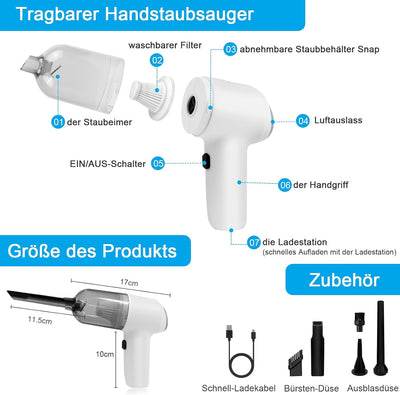 Yeegnar Handstaubsauger Akku 2 in 1, Autostaubsauger USB aufladbar Tragbar Leicht Mini Staubsauger 5