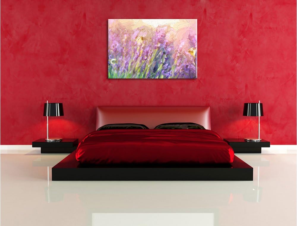 Pixxprint Schmetterlinge auf Lavendelblumen Kunst Pinsel Effekt, Format: 100x70 auf Leinwand, 100x70