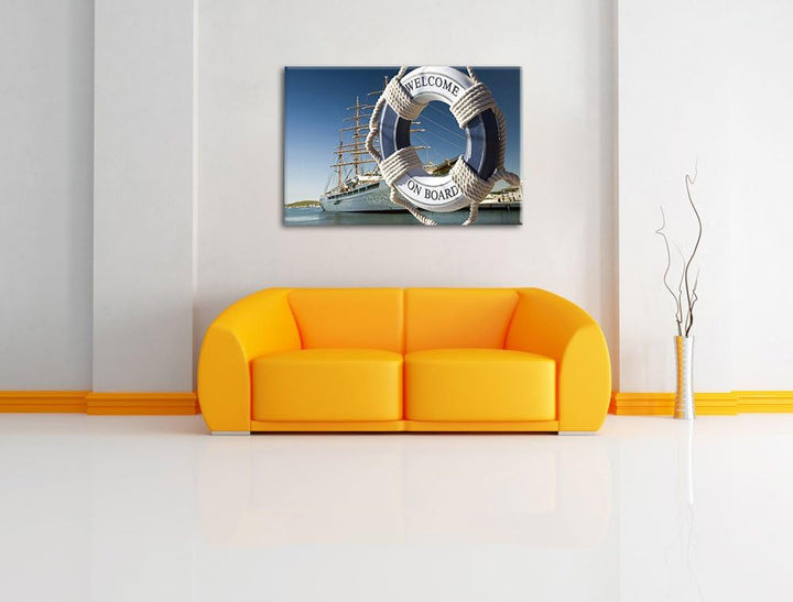 Rettungsring vor Schiff Format: 100x70 auf Leinwand, XXL riesige Bilder fertig gerahmt mit Keilrahme