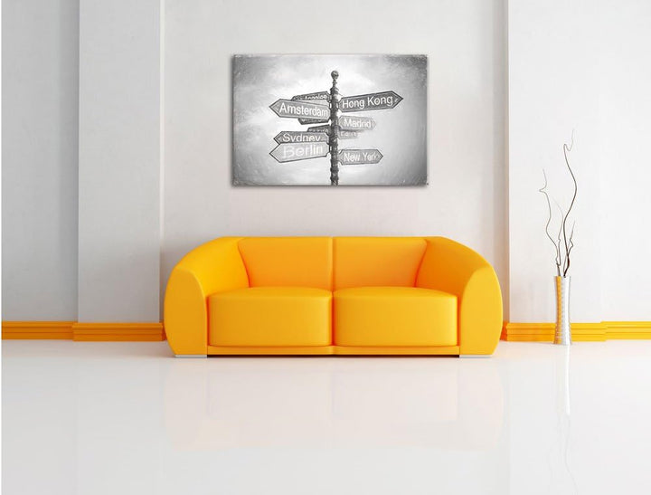Pixxprint Städte Wegweiser Kunst als Leinwandbild/Grösse: 100x70 cm/Wandbild/Kunstdruck/fertig bespa