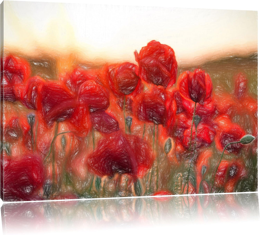 Pixxprint Feuriger Mohn Kunst Buntstift Effekt, Format: 100x70 auf Leinwand, 100x70