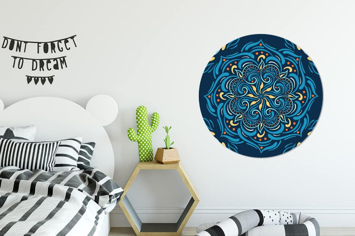 Wandbild Rund Wanddeko Deko Wohnzimmer Bilder 90x90 cm Mandala - Blau - Gelb - Muster 90.00 x 90.00
