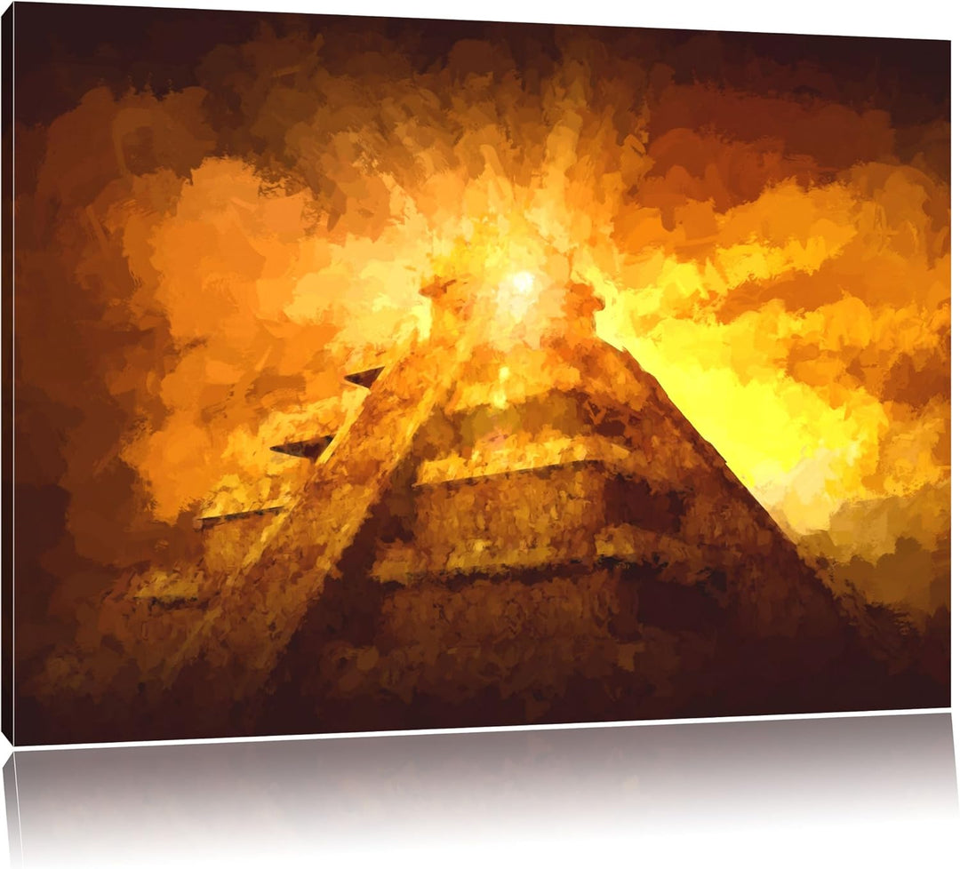 Pixxprint Maya Pyramide mit Sonnenuntergang als Leinwandbild/Grösse: 100x70 cm/Wandbild/Kunstdruck/f