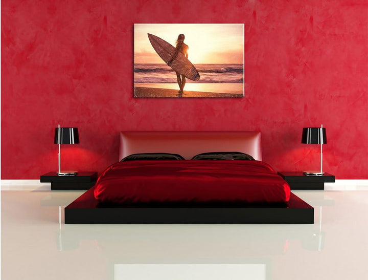 Pixxprint Surferin vor Sonnenuntergang als Leinwandbild/Grösse: 100x70 cm/Wandbild/Kunstdruck/fertig