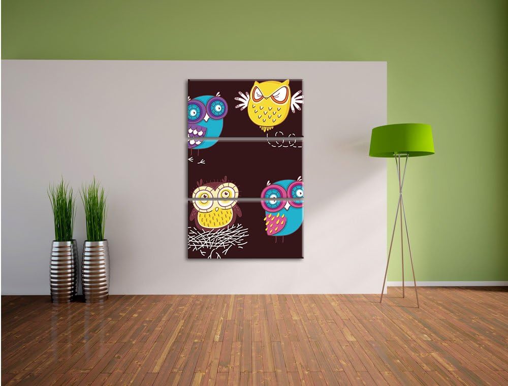 Pixxprint Verrückte Eulen für Kinder als Leinwandbild/Grösse: 3 Teilig (120x80) cm/Wandbild/Kunstdru