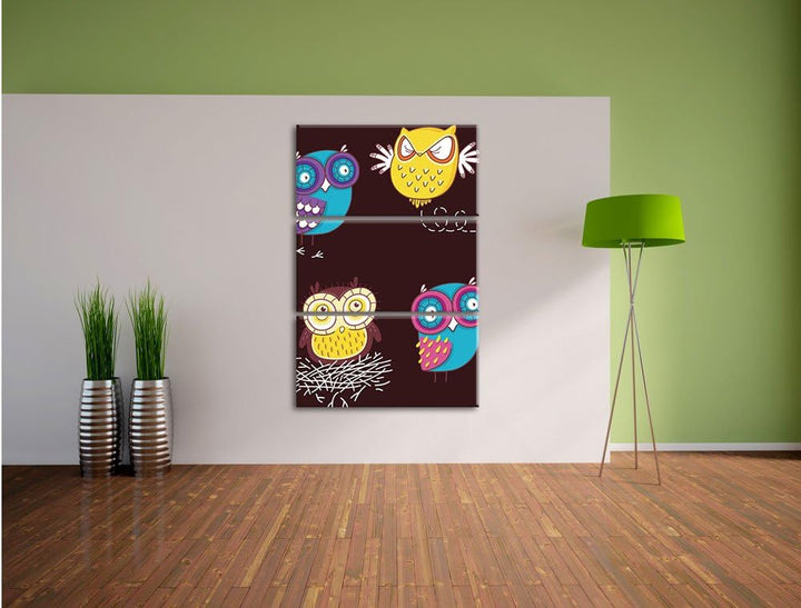 Pixxprint Verrückte Eulen für Kinder als Leinwandbild/Grösse: 3 Teilig (120x80) cm/Wandbild/Kunstdru