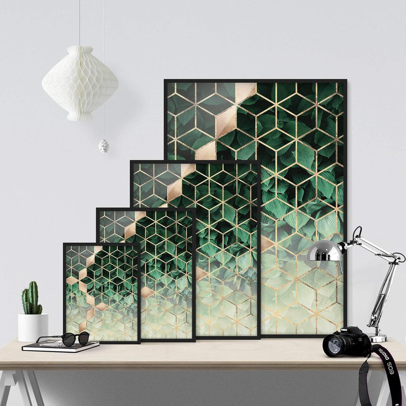 Bild gerahmt Grüne Blätter goldene Geometrie Schwarz ohne Passepartout 55x40cm 55cm x 40cm Schwarz -