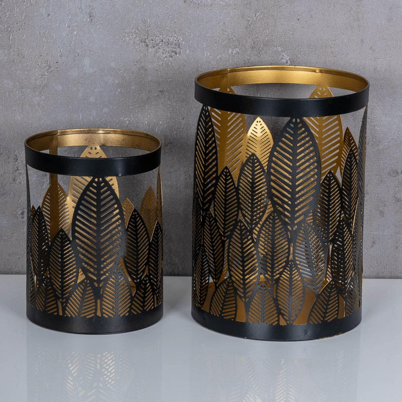 2er Set Windlicht 13x18cm Schwarz Gold Metall Teelichthalter Blattdekor Blumendekor Tischdeko Indust