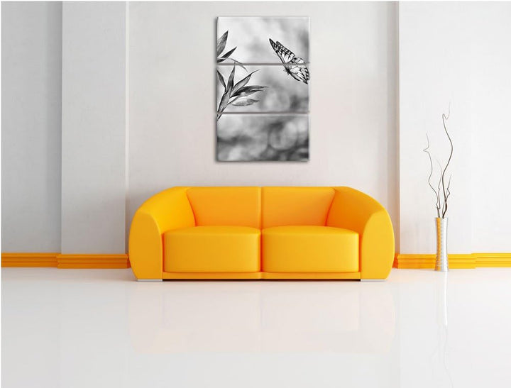 Pixxprint Bambus mit Schmetterling als Leinwandbild/Grösse: 3 Teilig (120x80) cm/Wandbild/Kunstdruck