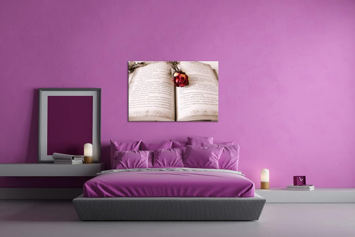 deyoli altes Buch mit roter Rose im Format: 80x60 als Leinwandbild, Motiv fertig gerahmt auf Echthol