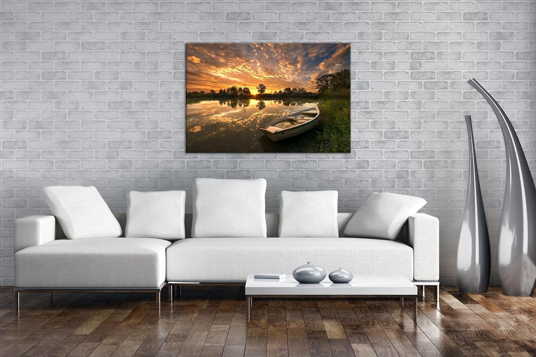deyoli einsames Boot am See Format: 120x80 als Leinwandbild, Motiv fertig gerahmt auf Echtholzrahmen