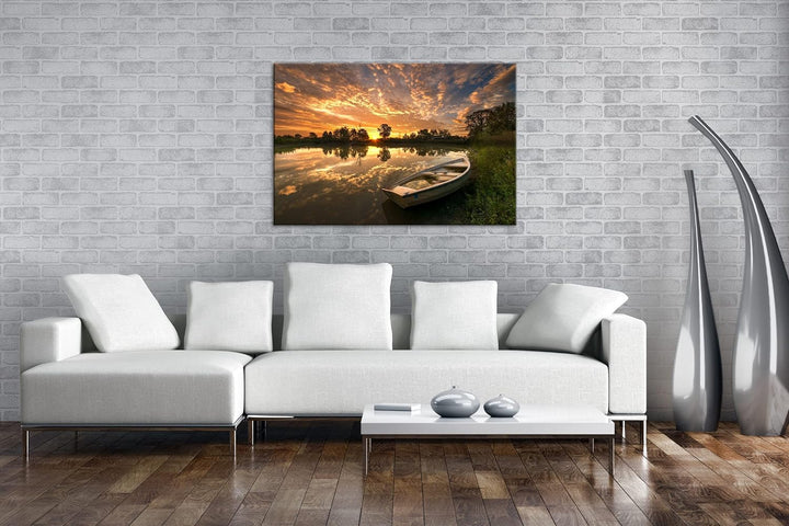 deyoli einsames Boot am See Format: 120x80 als Leinwandbild, Motiv fertig gerahmt auf Echtholzrahmen