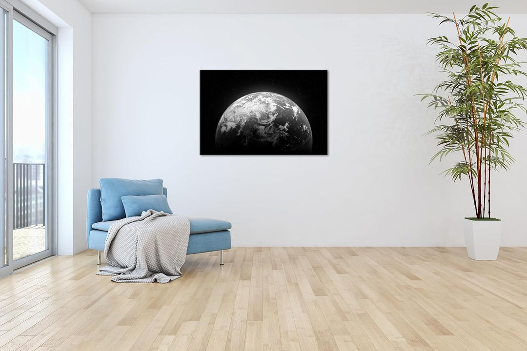 Planet Erde Format: 80x60 cm Effekt: Schwarz/Weiss als Leinwandbild, Motiv fertig gerahmt auf Echtho