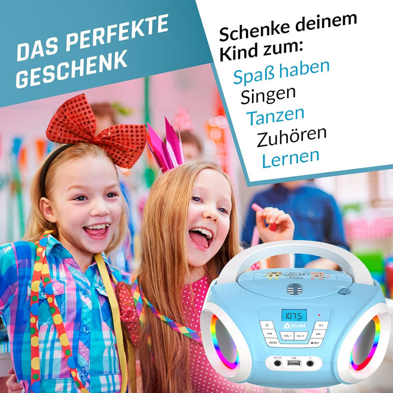KLIM Candy Kids Boombox CD-Player für Kinder NEU 2024 + UKW-Radio + Inklusive Batterien + Blaues Rad