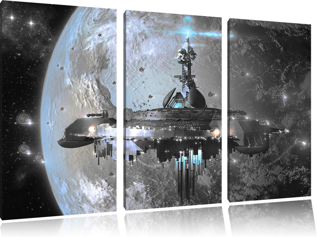 Pixxprint Raumschiff vor der Erde als Leinwandbild/Grösse: 3 Teilig (120x80 cm) cm/Wandbild/Kunstdru