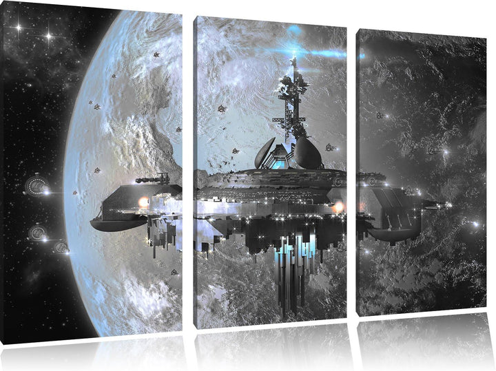 Pixxprint Raumschiff vor der Erde als Leinwandbild/Grösse: 3 Teilig (120x80 cm) cm/Wandbild/Kunstdru