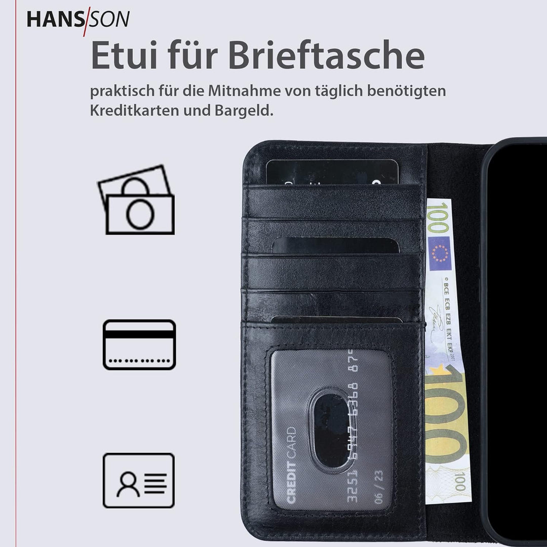 HANS/SON Hülle aus Echtleder mit Kartenfächern | iPhone 12 Pro Max Klapphülle in Schwarz | Geldbeute