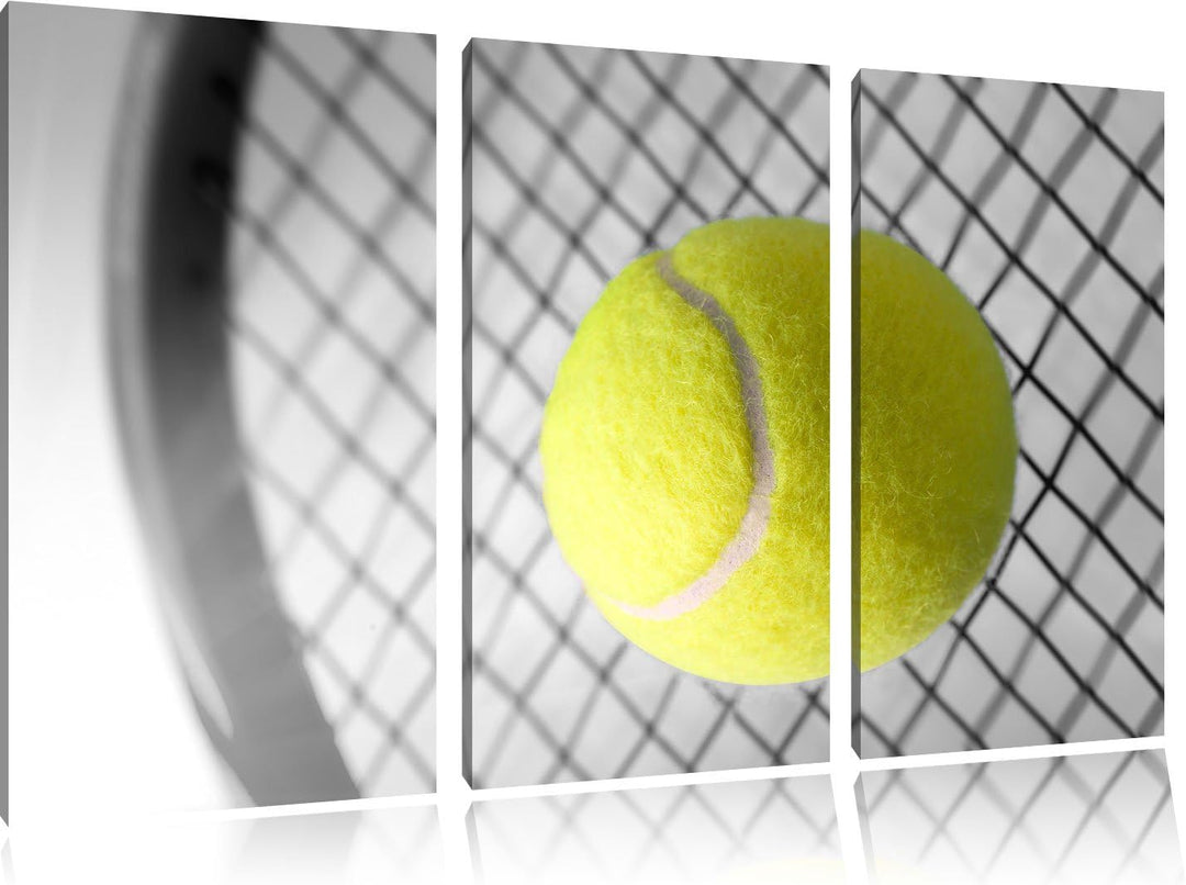 Pixxprint Tennisschläger mit Tennisball Schwarz/Weiss 3-Teiler Leinwandbild 120x80 Bild auf Leinwand
