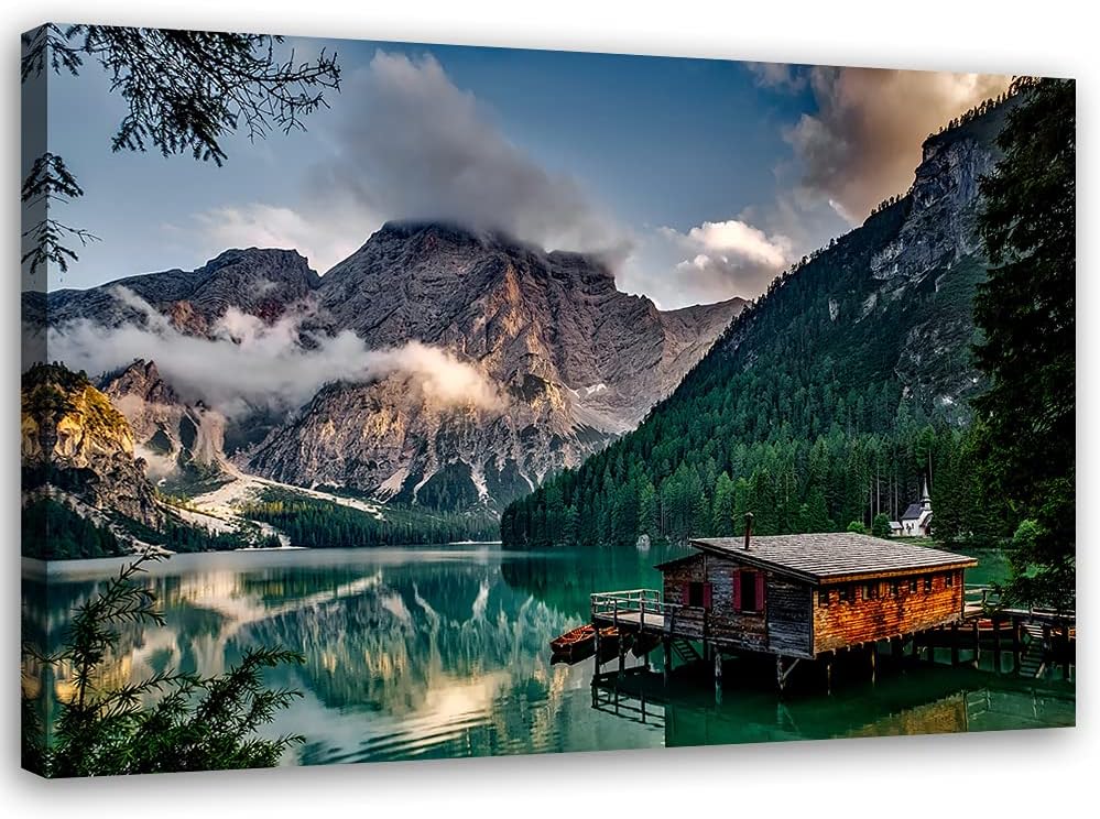 Feeby Vlies Leinwandbild Berge Himmel Lake 120x80 cm Wanddeko Design Kunstdruck Zimmerdeko Bilderwan