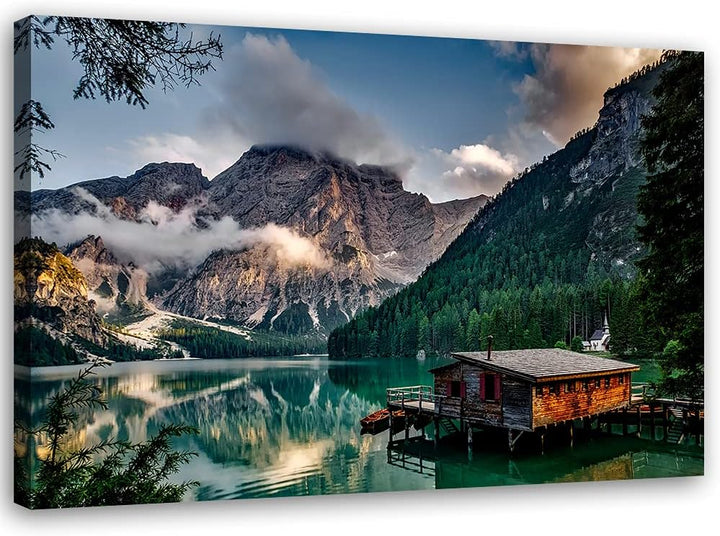 Feeby Vlies Leinwandbild Berge Himmel Lake 120x80 cm Wanddeko Design Kunstdruck Zimmerdeko Bilderwan