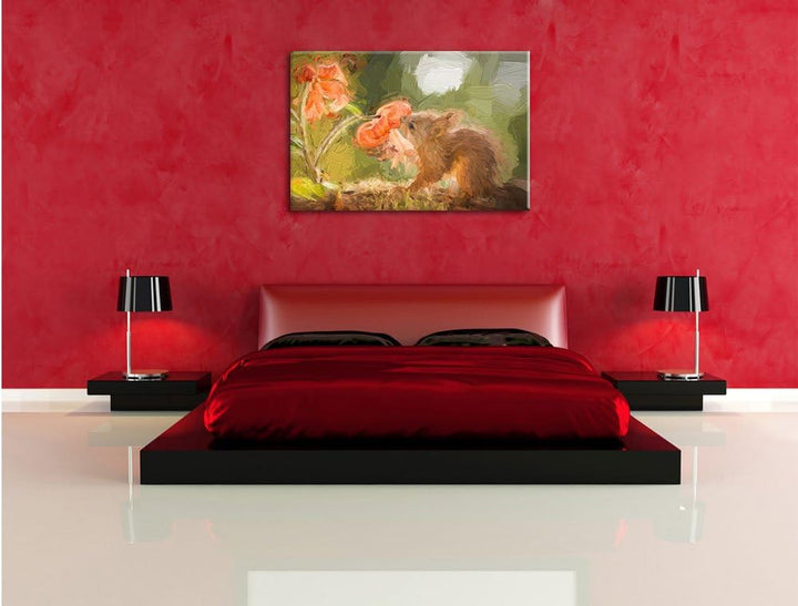 Pixxprint Eichhörnchen riecht an Einer Blume als Leinwandbild/Grösse: 100x70 cm/Wandbild/Kunstdruck/