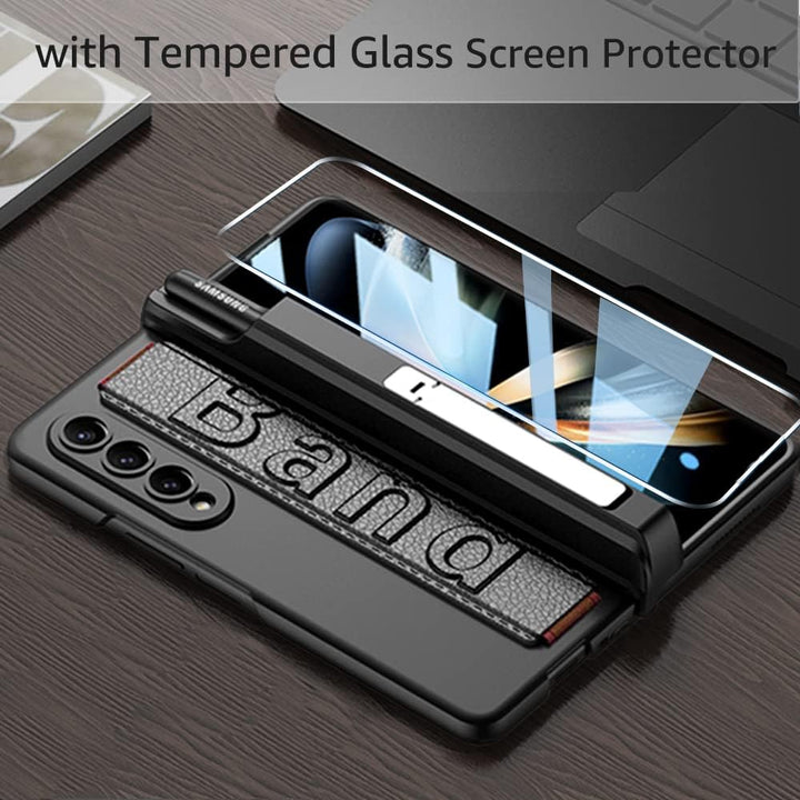 Hülle für Samsung Galaxy Z Fold 4 Magnetscharnierschutz mit Armband und S-Pen-Halter, Luxus-PC Stoss