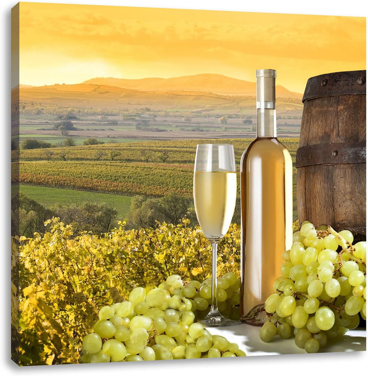 Pixxprint Weinreben mit Weinflasche und Fass, Format: 70x70 auf Leinwand, 70x70