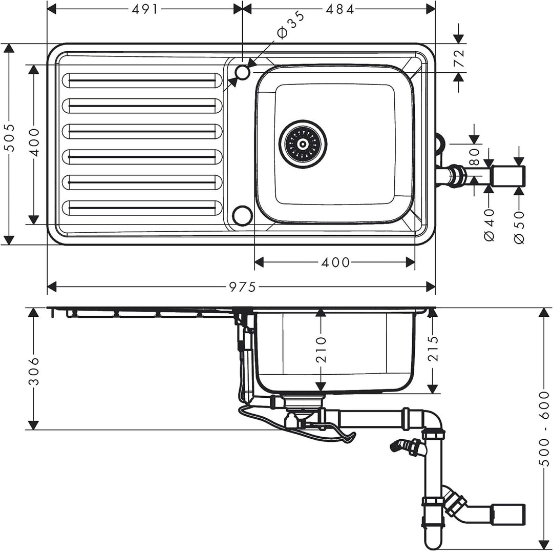 hansgrohe Küchenspüle mit Abtropffläche und vorgebohrten Hahnlöchern (Einbauspüle, 400 x 400 mm) ede