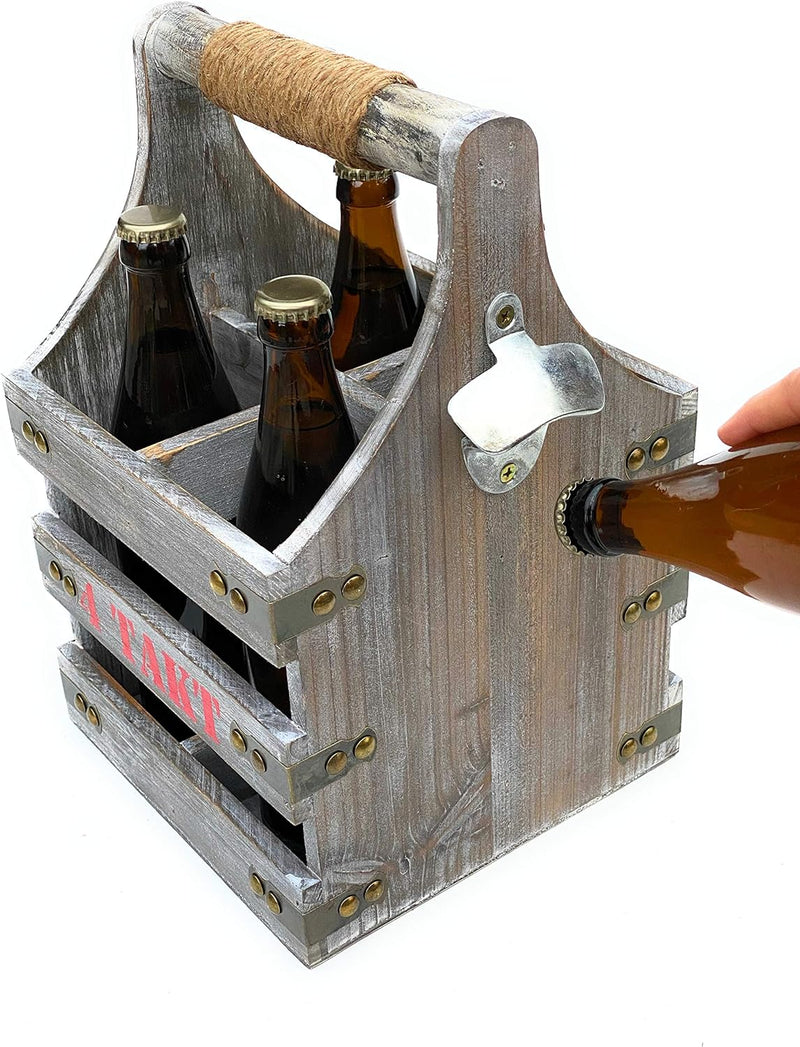 DanDiBo Bierträger mit Flaschenöffner Flaschenträger 4 Takt 96034 Flaschenkorb aus Holz 4er Bier