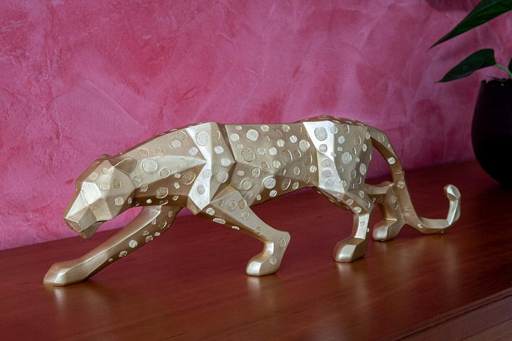 IDYL Moderne Skulptur Figur Resin Jaguar | Goldfb. mit Punkte | Masse: 48x10,5x15 cm | Material: Pol