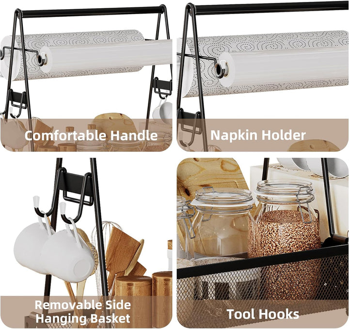 Grill-Caddy, Grill-Utensilienbehälter, BBQ-Caddy mit Papierhandtuchhalter und 4 Haken Küchen-Gewürz-