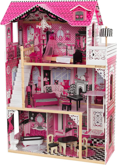 KidKraft Amelia Puppenhaus aus Holz mit Möbeln und Zubehör, Spielset mit Balkon und Aufzug für 30 cm