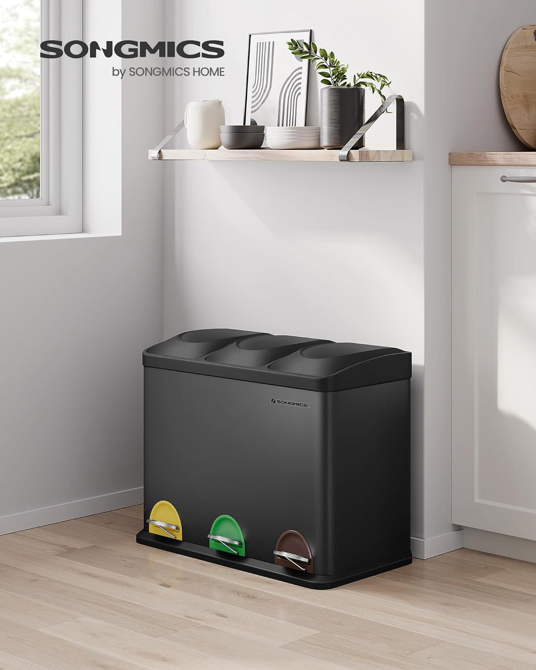SONGMICS Mülleimer Küche, Mülltrennsystem 3 Fächer, Abfalleimer, 45 Liter Treteimer aus Metall, 3 x