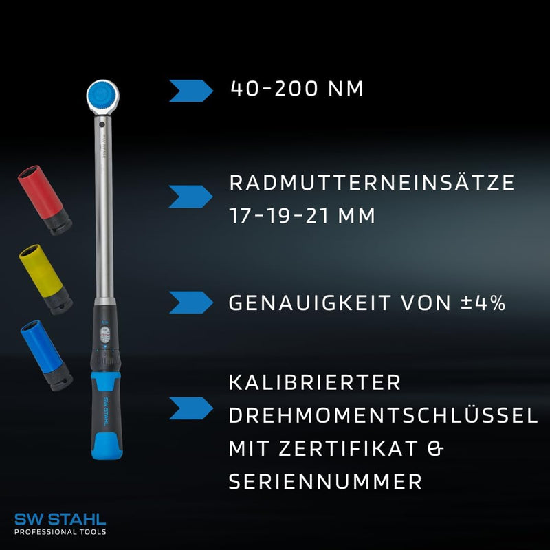 SW-Stahl 03879L Werkstatt Drehmomentschlüssel 1/2 Zoll 40-200 Nm mit Radmutterneinsätzen 17-19-21 mm