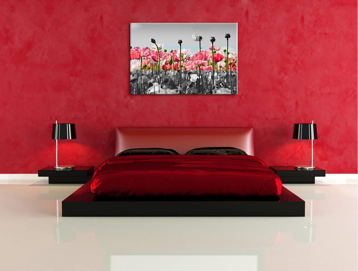 Blumenwiese Mohnblumen schwarz/weiss Format: 100x70 auf Leinwand, XXL riesige Bilder fertig gerahmt