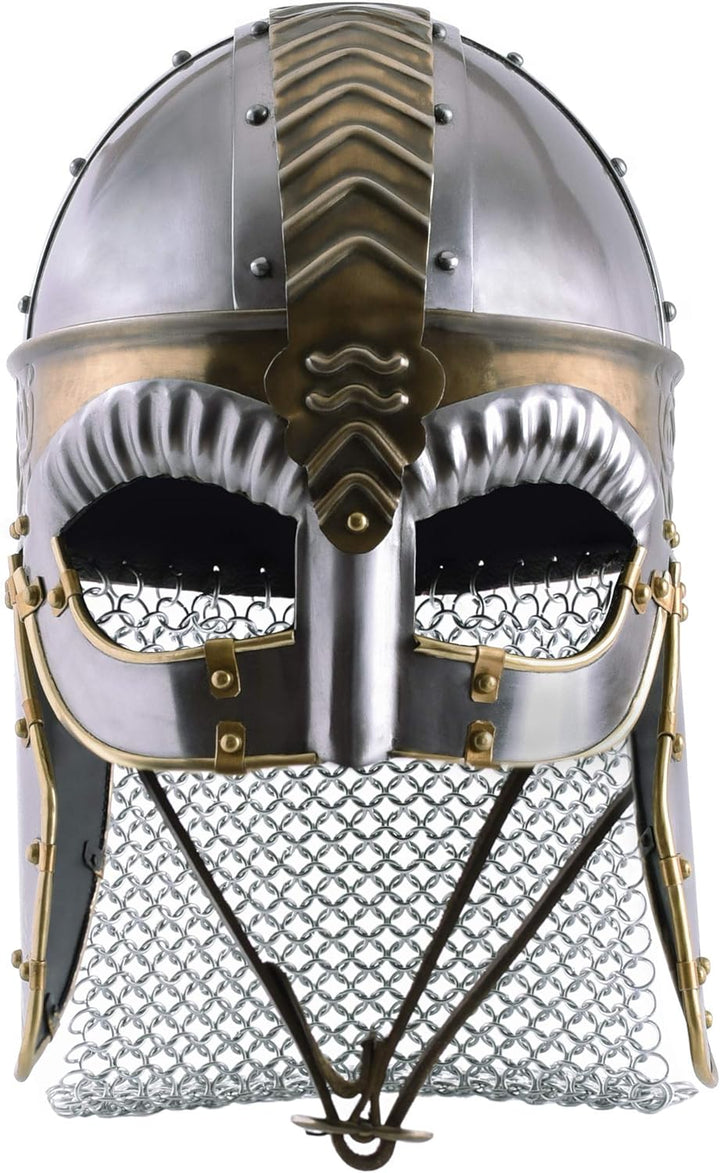 Battle-Merchant Brillenhelm Beowulf mit Wangenklappen und Kettenbrünne mit verstellbarem Lederinlay